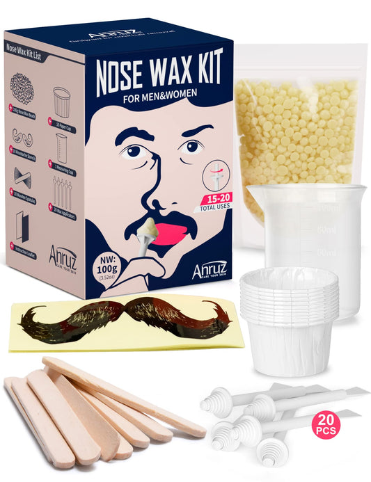 ANRUZ Nose Waxing kit with 100g Nose Wax Beads,Nose Hair Wax Kit with 10 Wooden Spatula, 20 Applicators and 10 Paper Cup- Painless & Safe Nose Hair Re 41 Piece Set