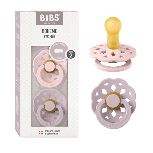 BIBS Boheme Soother 2-Pack. BPA Free. Round Nipple, Size 2 (6-18 Months), Blossom/Dusky Lilac Blossom / Dusky Lilac Size 2 (6-18 Months)