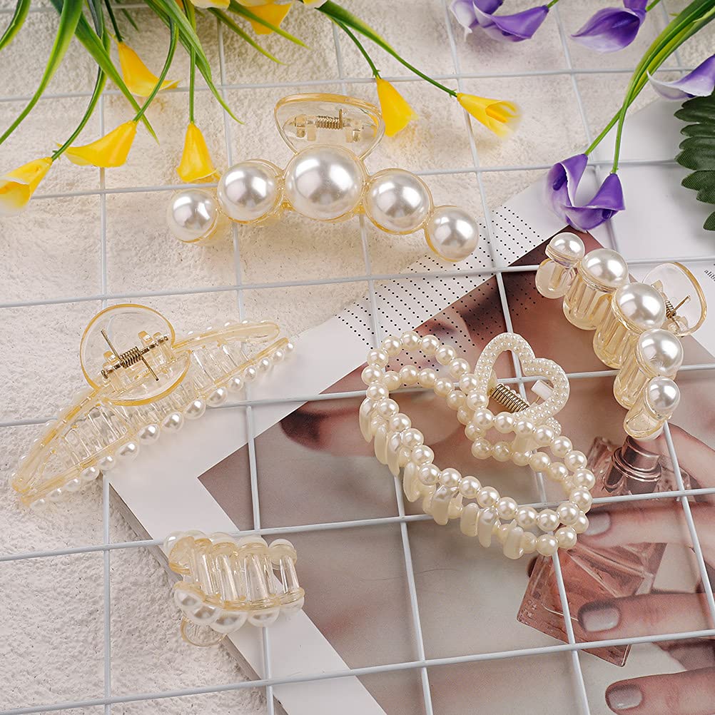 5Pcs Pearl Hair Clip,Plastic Women Hair Claw Clips Non-Slip Strong Pearl Hair Clips for Women Thick Fine Hair