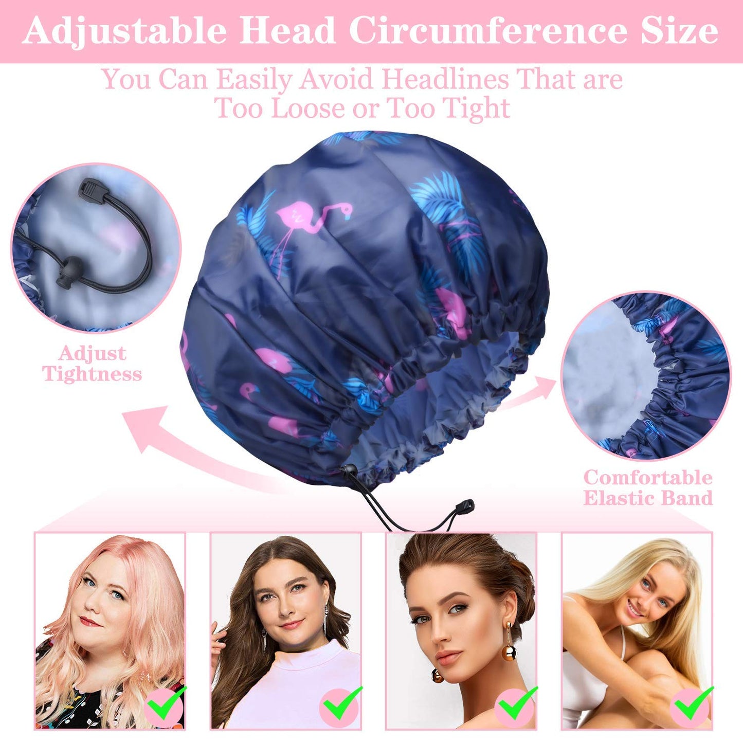 3 PCS Adjustable Shower Caps, Double Layer Waterproof Bathing Cap for Shower, Extra Large Reusable Hair Cap for Women, Waterproof Exterior & EVA Lining, Oversized Design for All Hair Lengths/Style Dark