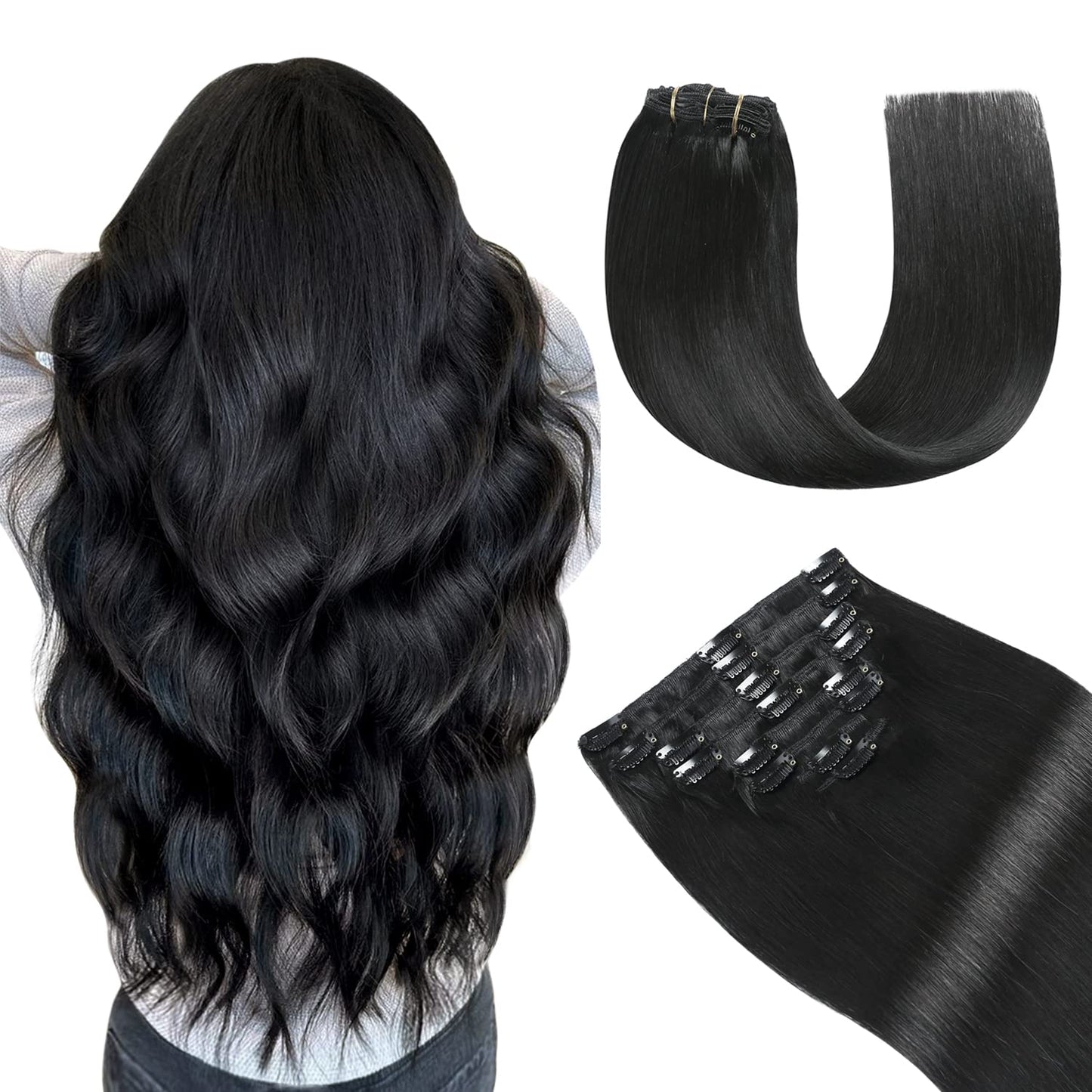 YILITE Hair Extensions Clip in 16 Inch 120g 8pcs Clip in Hair Extensions Real Human Hair Natural Silky Double Weft Hair Extensions Clip in Real Hair (16inch #1 Jet Black)