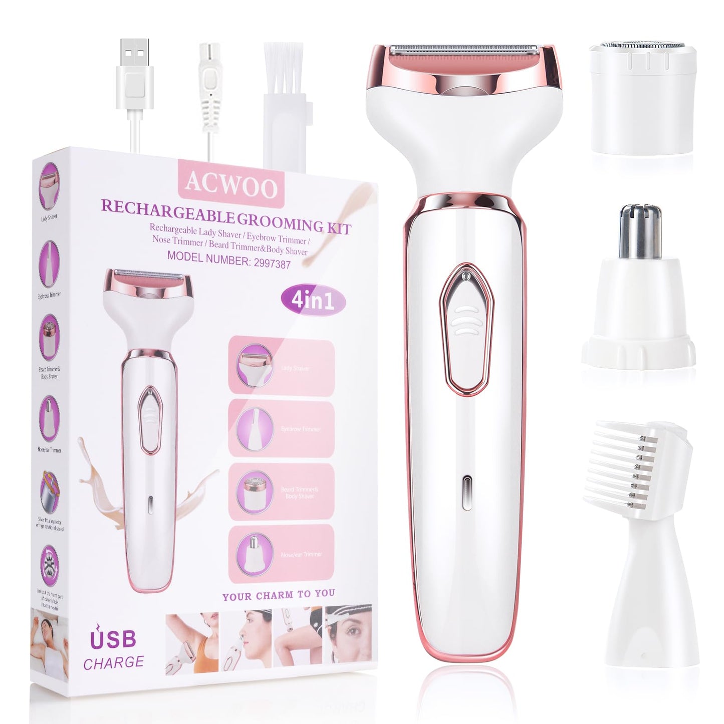 ACWOO Cordless 4 in 1 Electric Lady Shaver for Women, Rechargeable Painless Razor Bikini Trimmer Wet and Dry Hair Removal for Face Legs Underarm Nose and Eyebrow