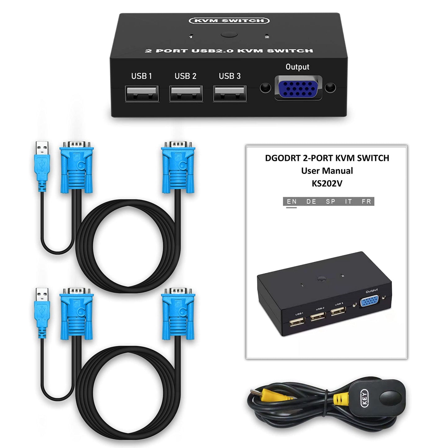 VGA KVM Switch 2 Port, VGA Switch Box 2 Computer Share 1 VGA monitor and 3 USB Devices, Mouse Keyboard Scanner Printer, 2 KVM Cables included 2 Port VGA KVM