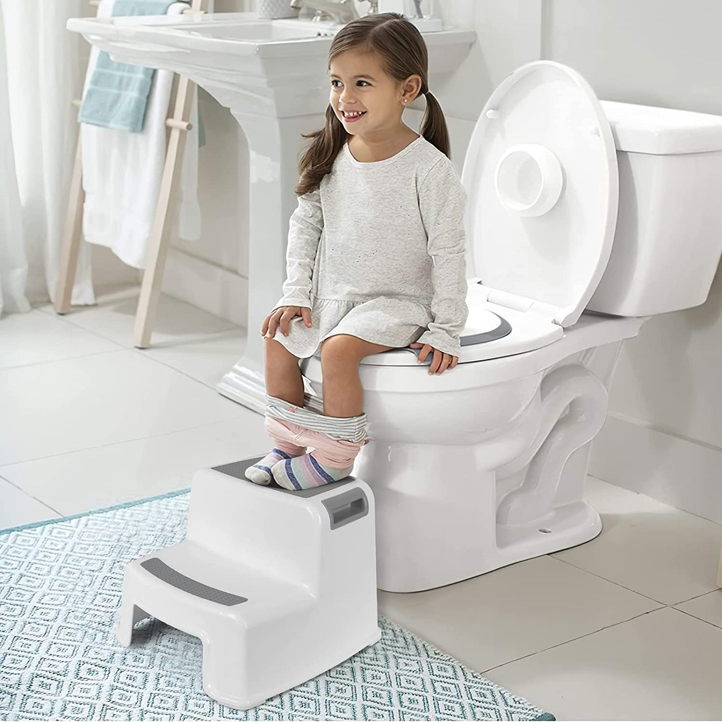 2 Step Stool for Kids, Dual Height Toddlers Steps Stool for Toddlers, Kids Toilet Training Seat, Anti-Slip Step Stool for Potty Training Bathroom or Kitchen, Grey + White, 32.5x36x26.5 cm (BCA-007)