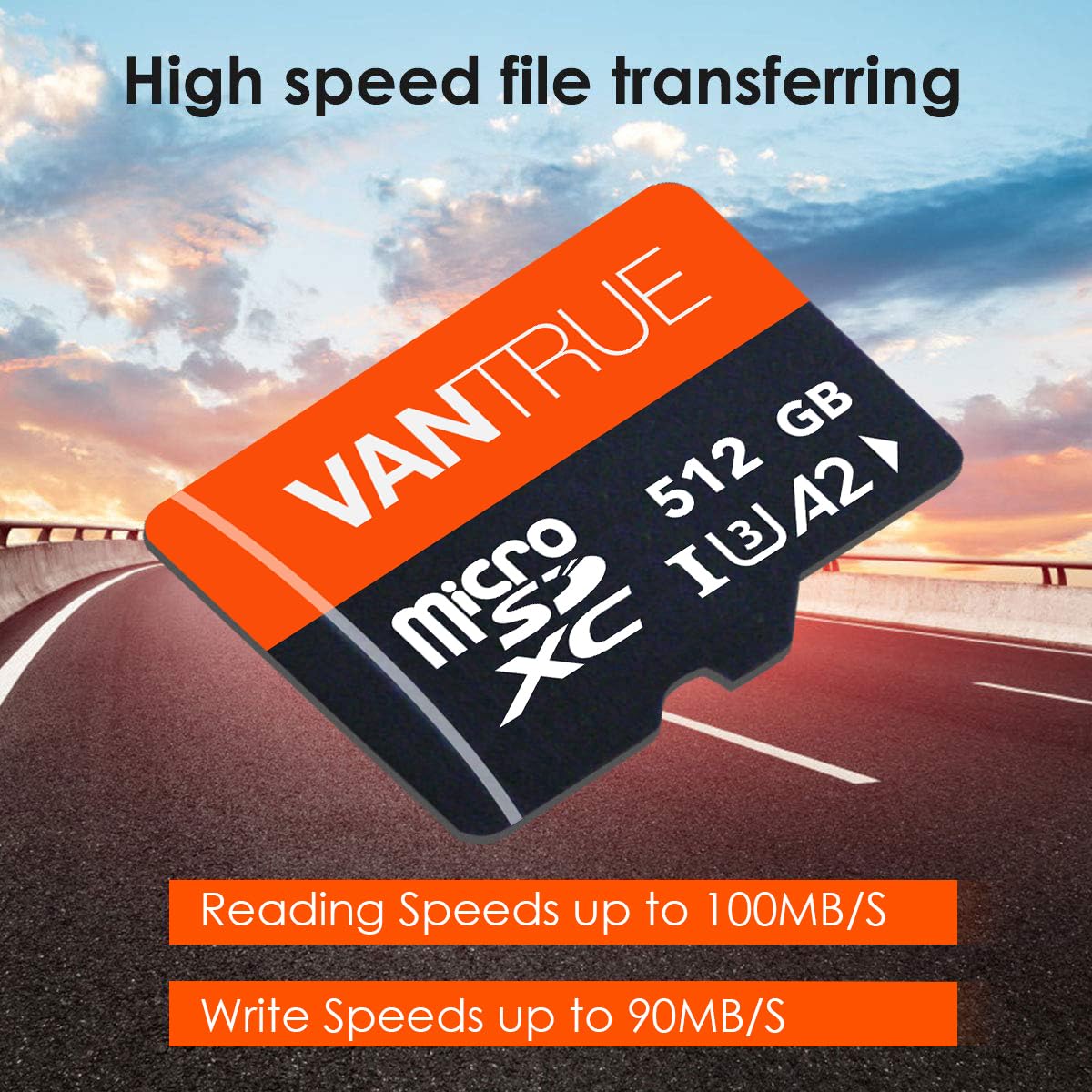 Vantrue 512GB Memory Card MicroSDXC UHS-I A2 High Speed 4K UHD Video High Speed Transfer Monitoring SD Card APC A2 with Adapter for Dash Cams, Body Cams, Action Camera, Surveillance & Security Cams