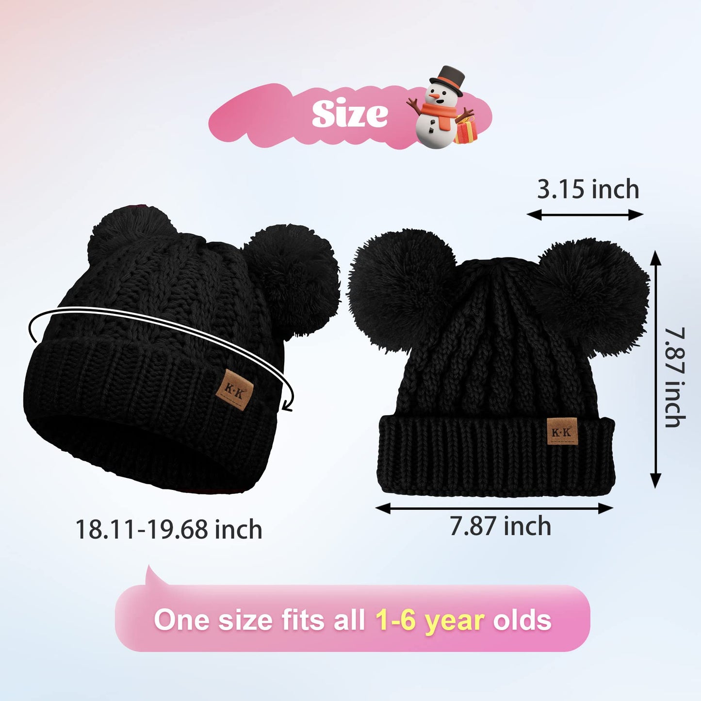 Baby Girls Bobble Hat - Toddler Winter Beanie Hats Kids Warm Knitted Beanies Double Pom Pom Hats Bonnet Cap for Children Boys Girls 1-6Y One Size Black