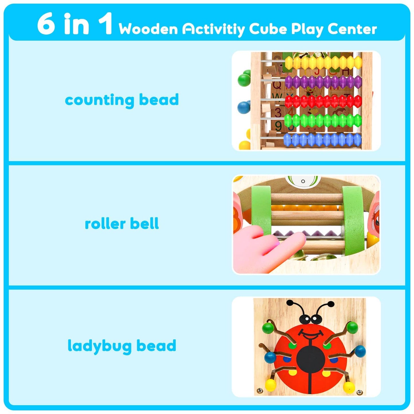 Wooden Activity Cube 7 in 1 Wooden Shape Sorter Activity Centre Multifunctional Educational Bead Maze Clock Rollercoaster Abacus Puzzle Animal Alphabet Number Toy for Child Kids Boys Girls