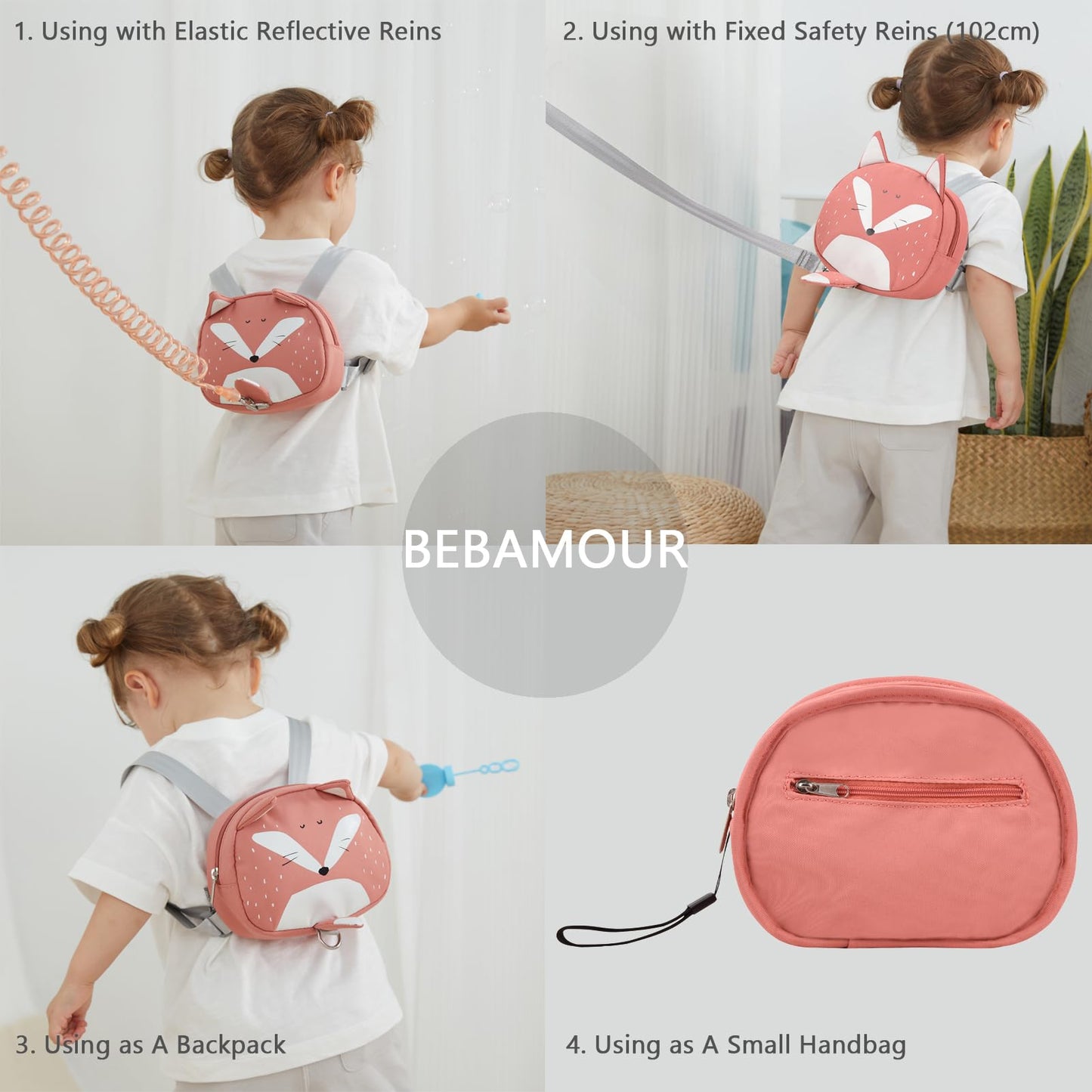 Bebamour Animal Toddler Backpack with Reins Mini Bag with Safety Leash for Children Portable Backpack Rucksack with Safety Harness for Boys and Girls, Orange 01 Orange