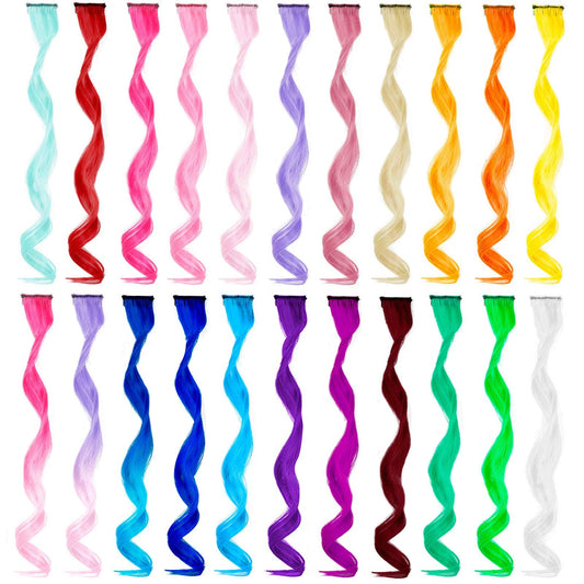 22 PCS Rainbow Colored Hair Extensions Clip In for Girls 22 Inch Colorful Curly Wavy Hair Extensions for Party Highlights Hair Accessories Hair Pieces for Women 22pcs-Colorful