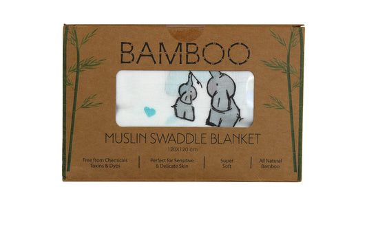 XL Unisex Premium Bamboo Baby Muslin Swaddle Blanket/Wrap - 120x120cm (47x47in) - 70% Bamboo / 30% Cotton : Lightweight, Breathable & Super Soft : Suitable for Newborn Baby Boys or Girls (Elephants) Elephants