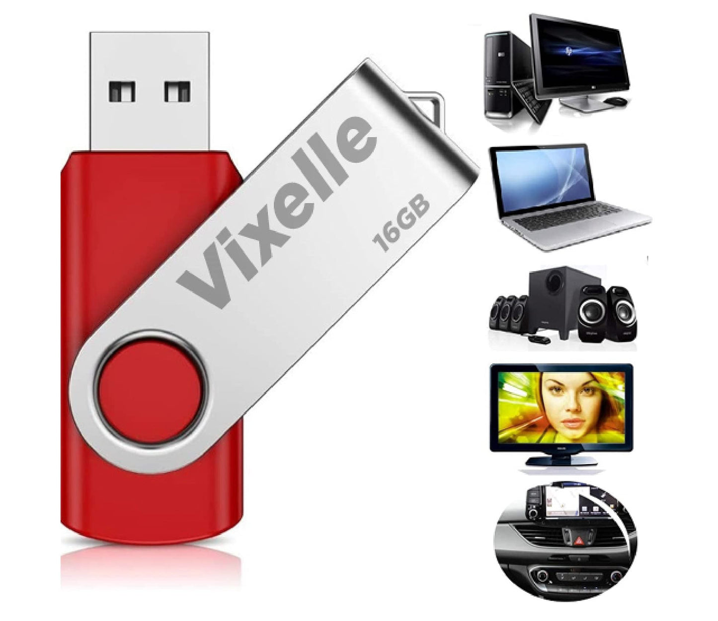 Vixelle 3 Pack 16GB High Speed USB 2.0 Flash Drives – 360° Swivel Metal Style USB Stick Pen Drive with Keychain Loop – 16GB USB Memory Sticks Bulk Pack for PC, Mac, TV, Car Audio – Red 3 Pack Red