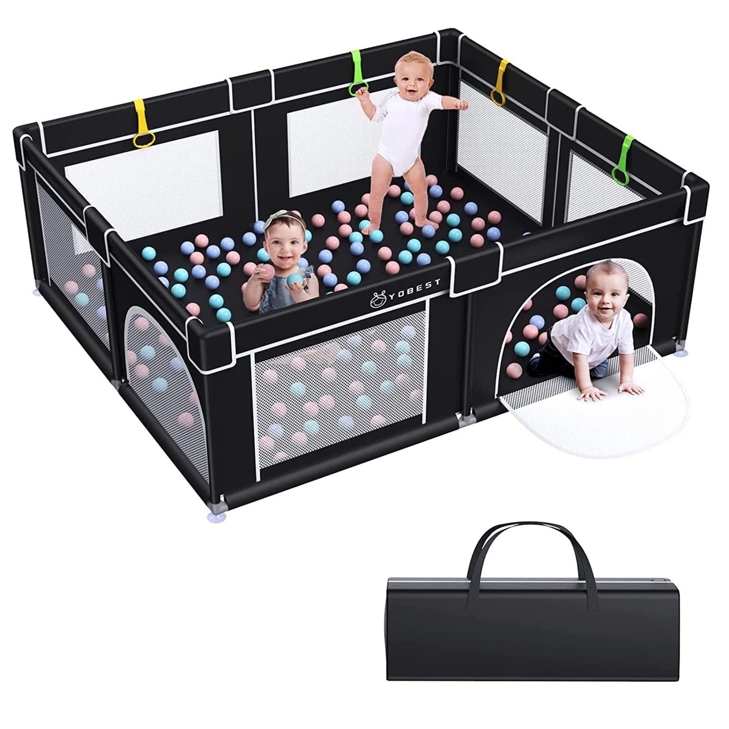 YOBEST Baby Playpen, Extra Large Playyard for Baby, Play Pens for Babies and Toddlers, Sturdy Safety Huge Baby Fence Play Area Center with Gate, Giant Play Yard for Kids, Twins, Child, Infants 150x180x68cm Black