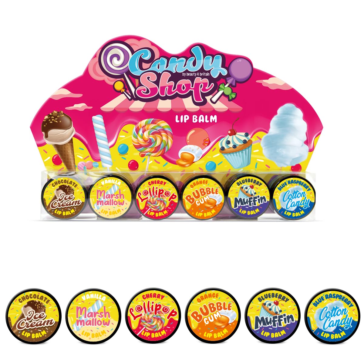 Beauty4Britain Set of 6 Kids Lip Balm Candy Shop Shining Non-Colour Nourishing Scented Favourite Candies Girls Boys Lip Balm Set