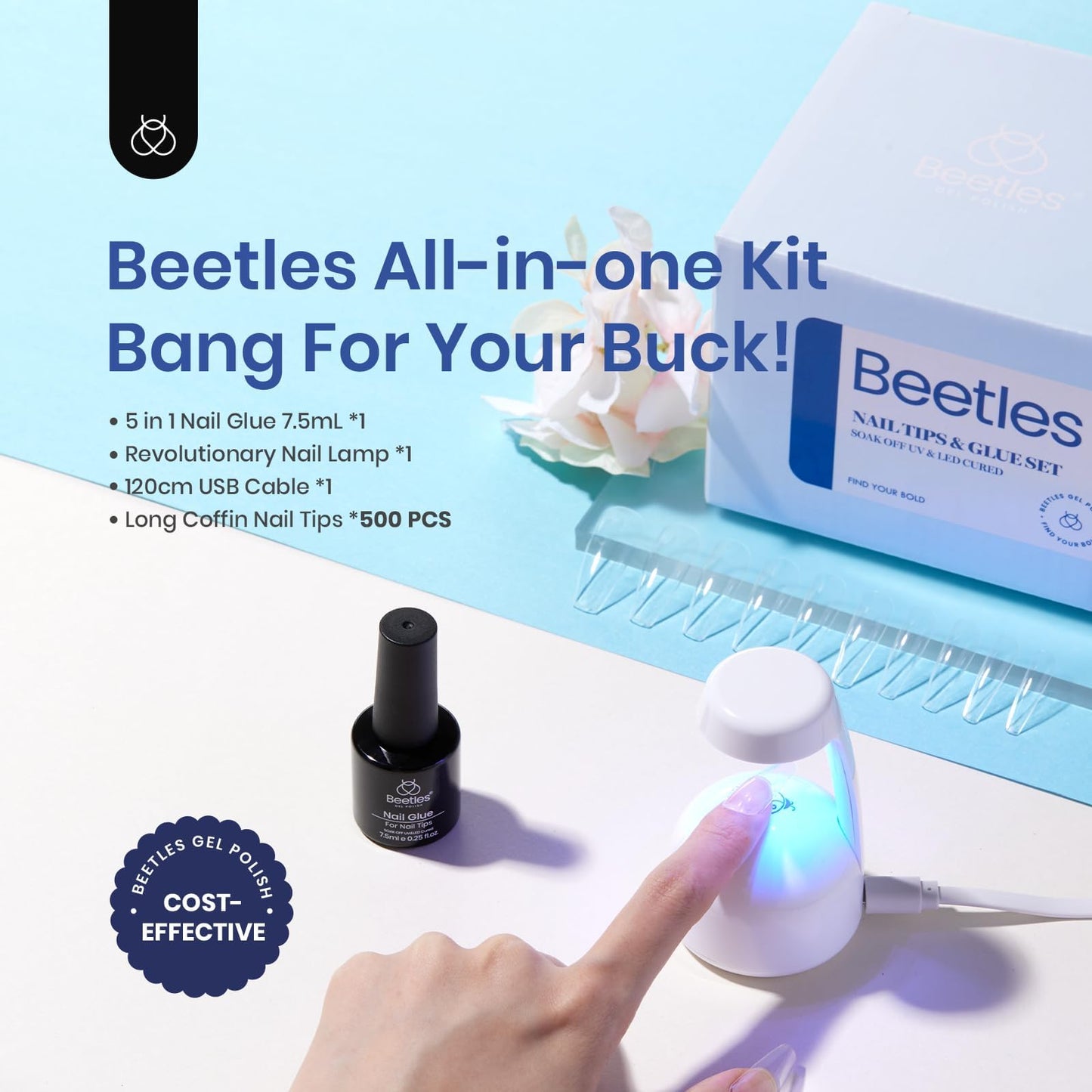 Beetles Nail Tips and Glue Gel Kit, 2 In 1 Nail Glue and Base Gel with 500Pcs Coffin Nails and LED Lamp DIY Nail Art Acrylic Nail Kit Easy Nail Extension Set Gifts for Women Mothers Day 502 Count (Pack of 1)