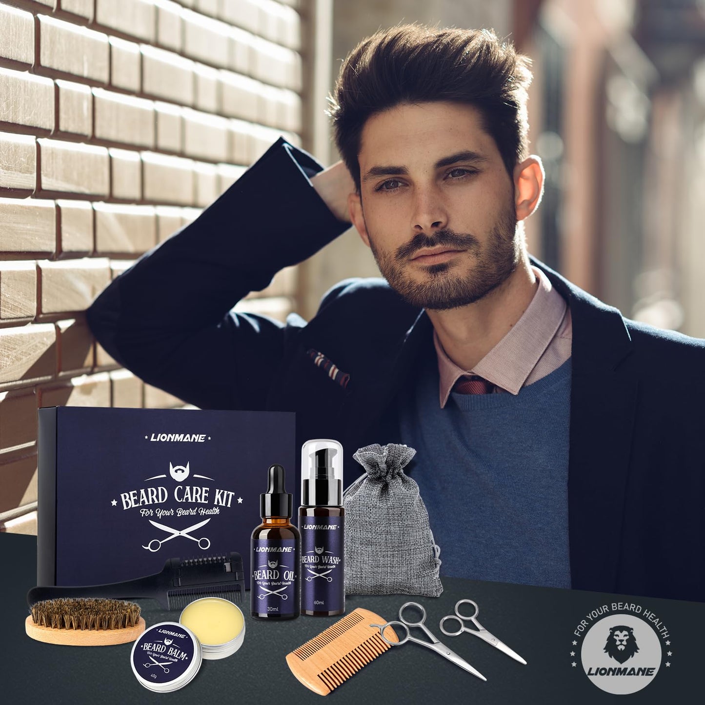 Beard Care Kit for Men, LIONMANE Beard Grooming Kit-Beard Balm,Beard Wash & Oil,Comb, Brush,Scissors,Hair Thinning Comb, Beard Trimming Set, Birthday Gifts for Him/Husband/Boyfriend/Dad