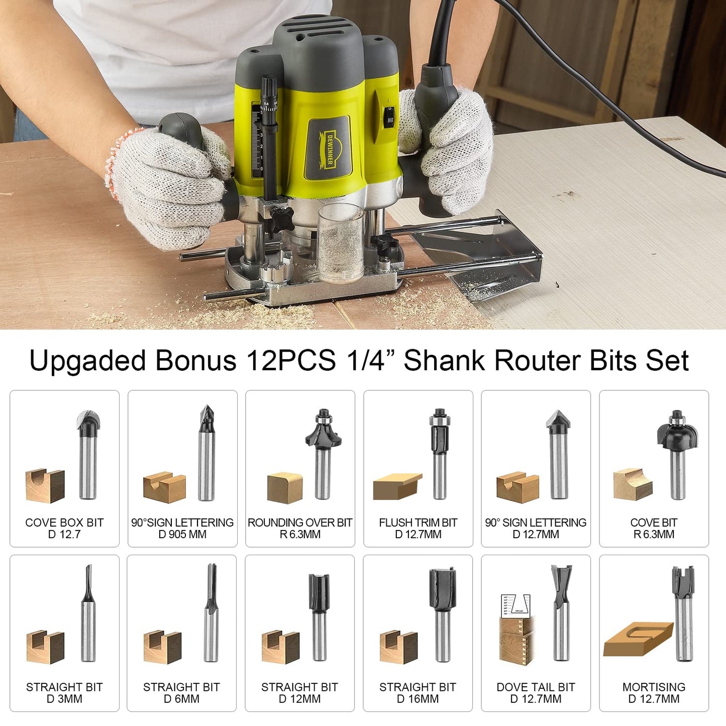 Wood Trimmer, DEWINNER Router Tool Electric Woodworking Power Router Trimmer,Variable Speed Hand Joiner Tool Plunge Router, Trimmer Laminator with 12PC 6mm 8mm Bits Collets