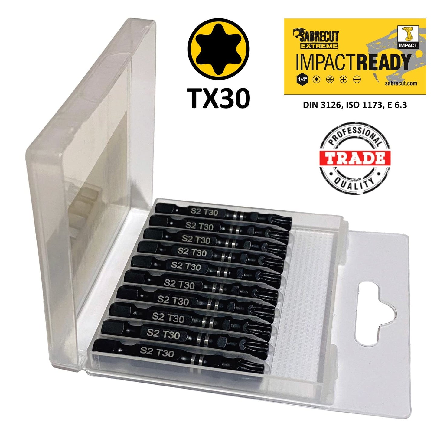 10 x SabreCut SCTX3050_10 50mm TX30 T30 Impact Screwdriver Driver Bits Set Single Ended Torx Heavy Duty Including Storage Box