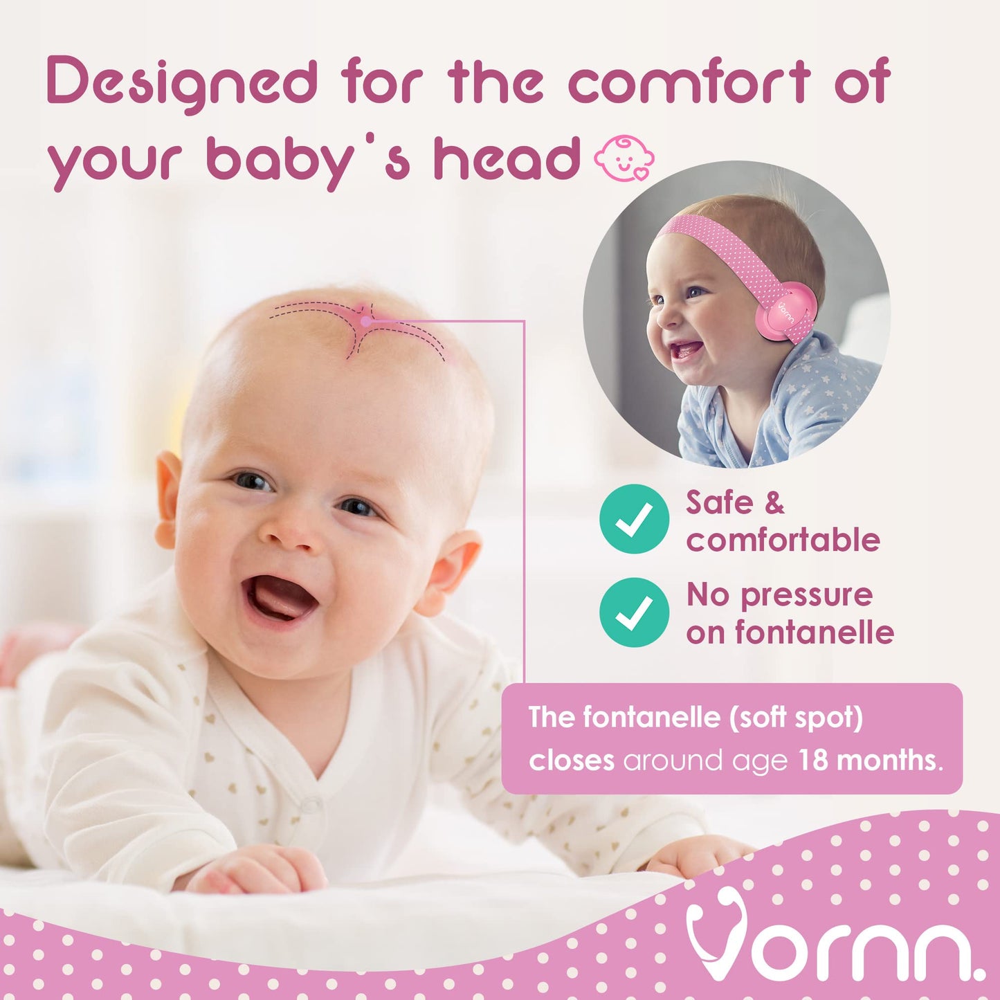 VORNN Baby Ear Defenders for 0-36 Months - CE and UKCA Certified, Soft and Adjustable - Infant Noise Cancelling Defenders, Pink Ear Muffs