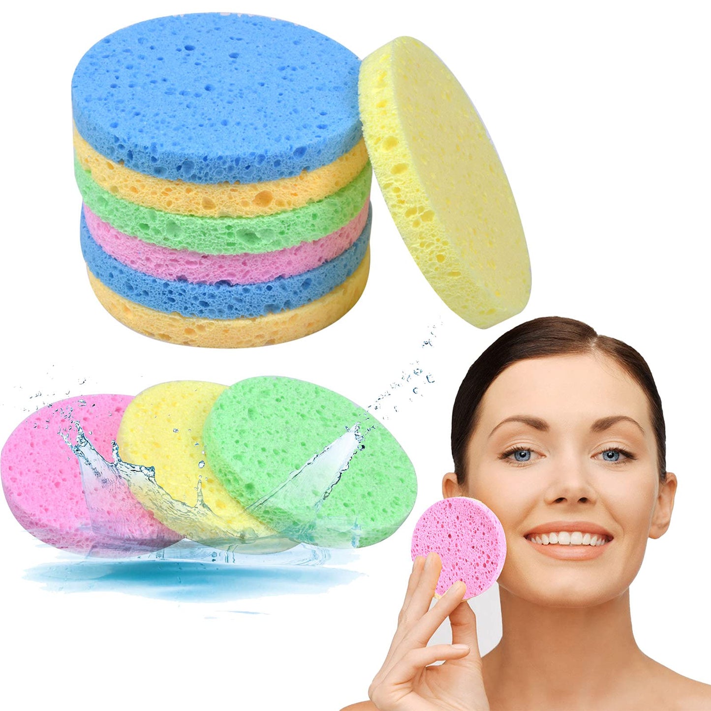 10 Pcs Facial Sponges, Reusable Face Cleaning Sponge, Natural Cellulose Face Sponge, Beauty Sponges for Facial SPA Massage Makeup Removal (5 colors） (Round) Round