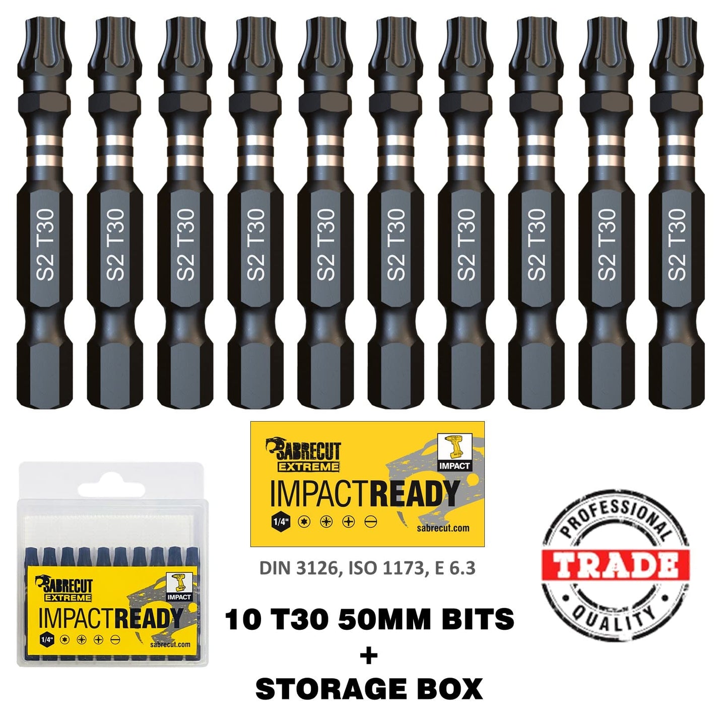 10 x SabreCut SCTX3050_10 50mm TX30 T30 Impact Screwdriver Driver Bits Set Single Ended Torx Heavy Duty Including Storage Box