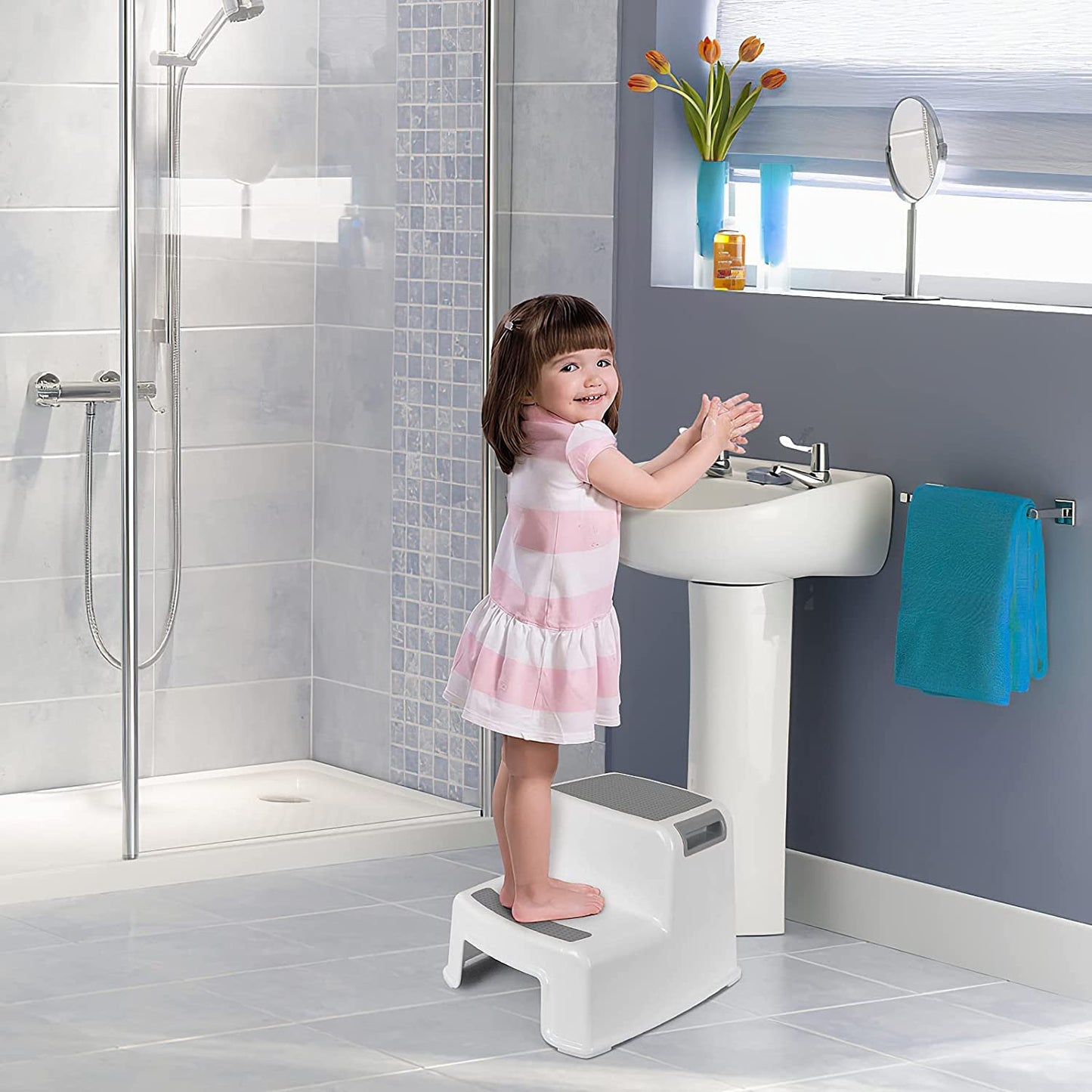 2 Step Stool for Kids, Dual Height Toddlers Steps Stool for Toddlers, Kids Toilet Training Seat, Anti-Slip Step Stool for Potty Training Bathroom or Kitchen, Grey + White, 32.5x36x26.5 cm (BCA-007)