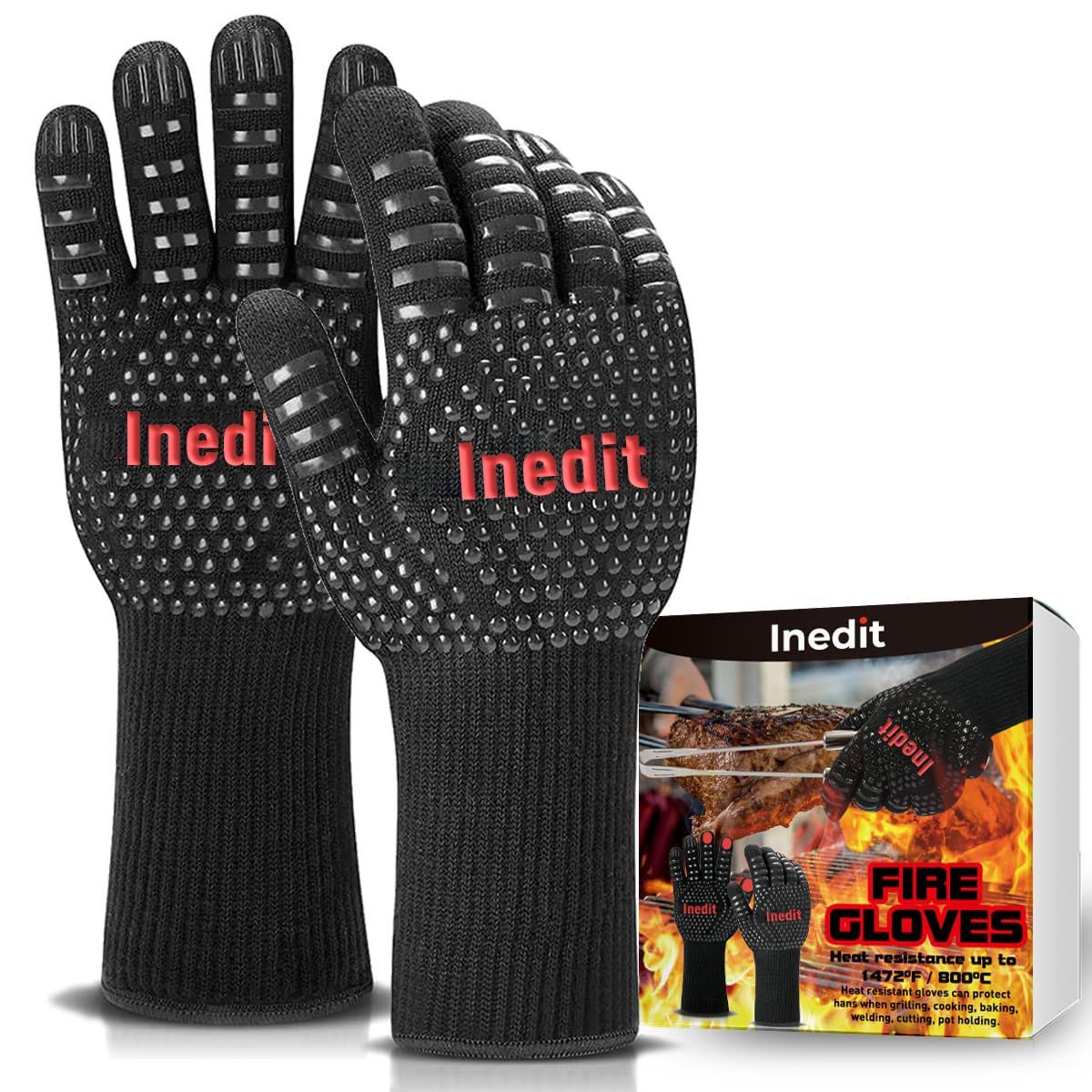 BBQ Gloves Extreme Heat Resistant - Heat Proof Gloves - Oven Gloves - Extreme Heat And Fire Resistant (Up to 800°C / 1472°F) - BBQ/Fireplace/Stove/Grill/Hot Pot/Welding Gloves