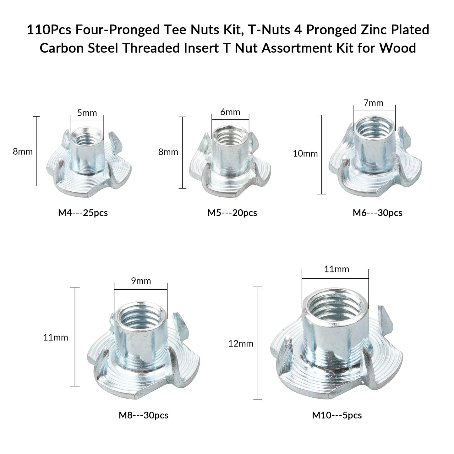 110Pcs Four-Pronged Tee Nuts Kit, T-Nuts 4 Pronged Zinc Plated Carbon Steel Threaded Insert T Nut Assortment Kit for Wood Climbing Holds Furniture (M4/M5/M6/M8/M10)