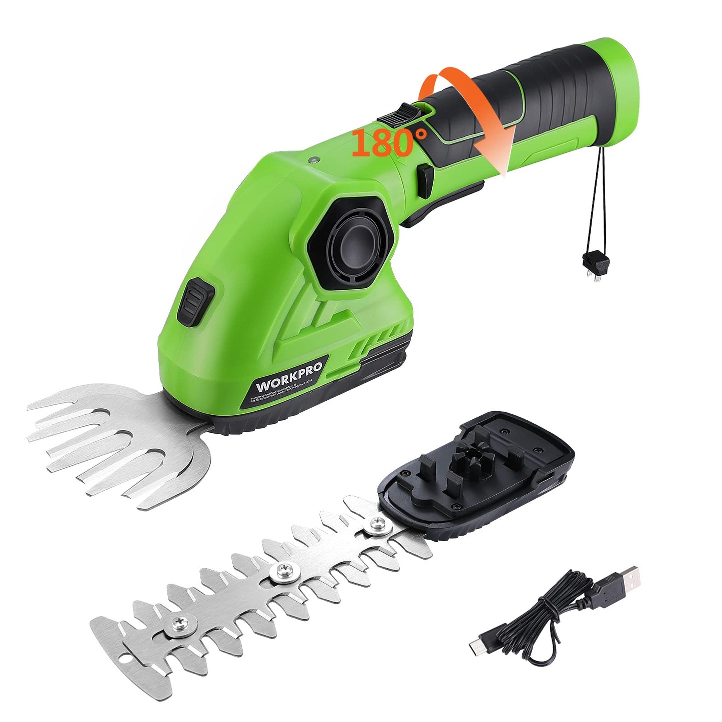 WORKPRO 2 in 1 7.2V Cordless Hedge Trimmer & Grass Shear with Lithium-Ion Battery, Handheld Hedge Cutter with 2 Blades, Grass Trimmer with 180° Rotatable Handle, Ideal for Shrub, Garden, Lawn