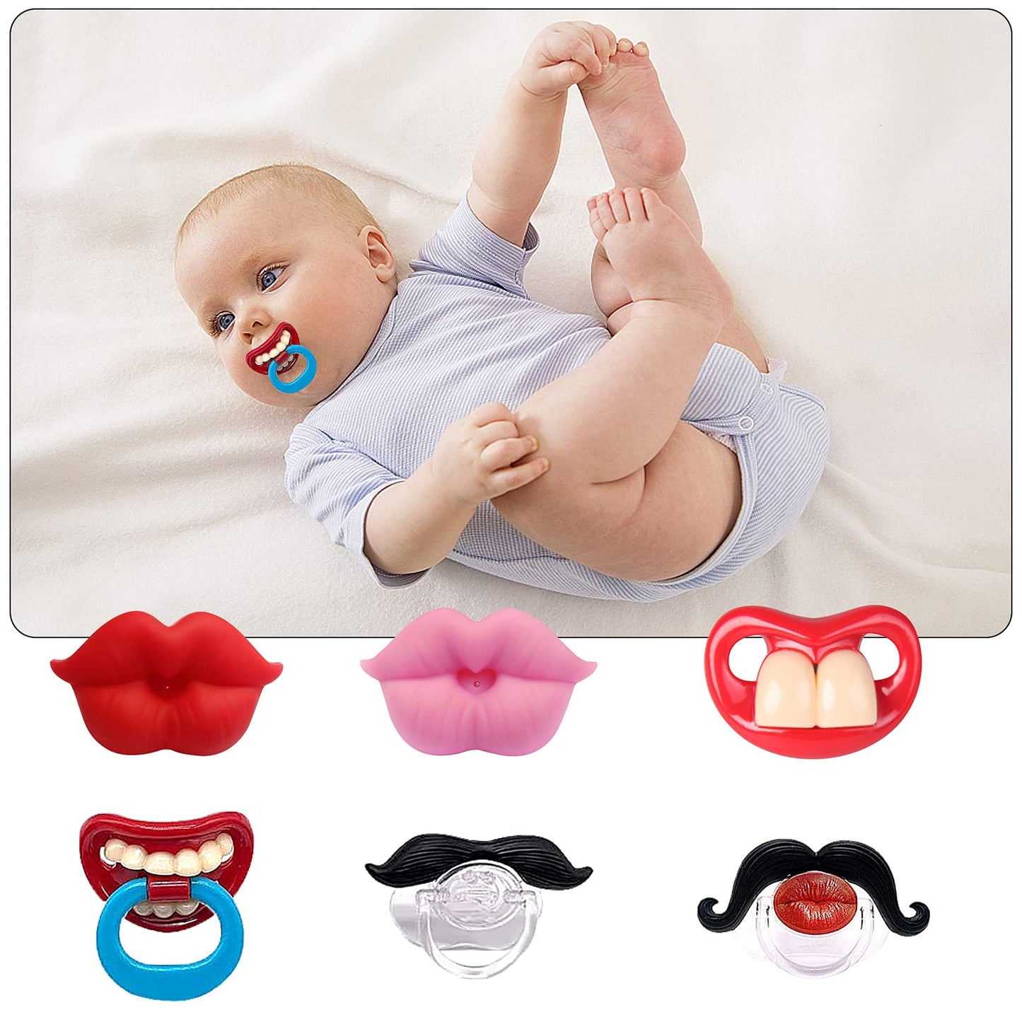 Upriver 6Pack Baby Funny Pacifier Cute Kissable Lips and Gentleman Mustache Teeth Pacifier, Soft Silicone Pacifier for Babies and Toddlers Shower, No BPA 6 pcs