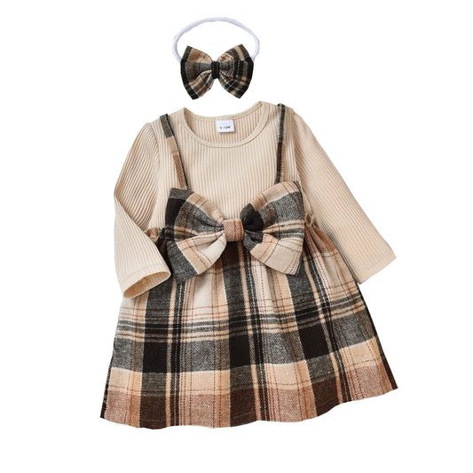 Alunsito Baby Girl Clothes Long Sleeve Bow Dress Solid Ribbed Knit Dress Splicing Strap Plaid Skirt + Headband 2pcs Outfit 18-24 Months Brown