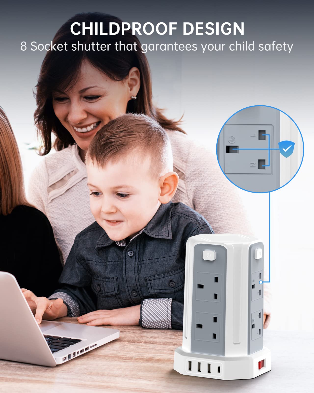 Tower Extension Lead, (3250W 13A) Extension Tower 8 AC Outlets & 4 USB Ports, Surge Protection Extension Lead with 4 Independent Switch, 17W USB C Ports Extension Cable 3M for Office, Home, Kitchen White