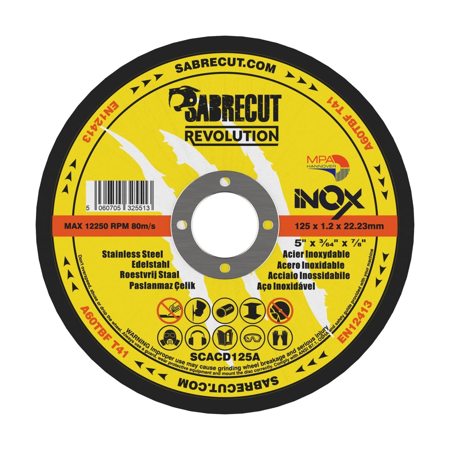 12 x SabreCut SCACD125AT 125mm (5") x 22.23mm Bore Abrasive Stainless Steel INOX Cutting Angle Grinder Circular Saw Discs Box Set Compatible with Bosch Dewalt Makita Milwaukee and Many Others