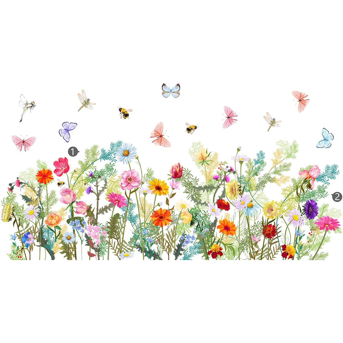 Wajade Garden Flowers Wall Decals Watercolor Colorful Floral and Butterflies Wall Stickers Removable Self-Adhesive Wall Mural Wall Art for Living Room Bedroom Hallway Zsz1167