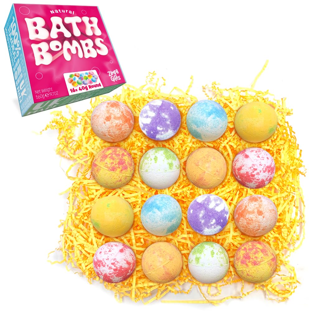 Zimpli Gifts 16 x UK Made Bath Bombs Gift Set for Women, Handmade Luxury Fizzing Bath Fizzers for Her, Relaxing Beauty Kit, Birthday, Christmas, Xmas Presents, Moisturising, Vegan & Cruelty Free