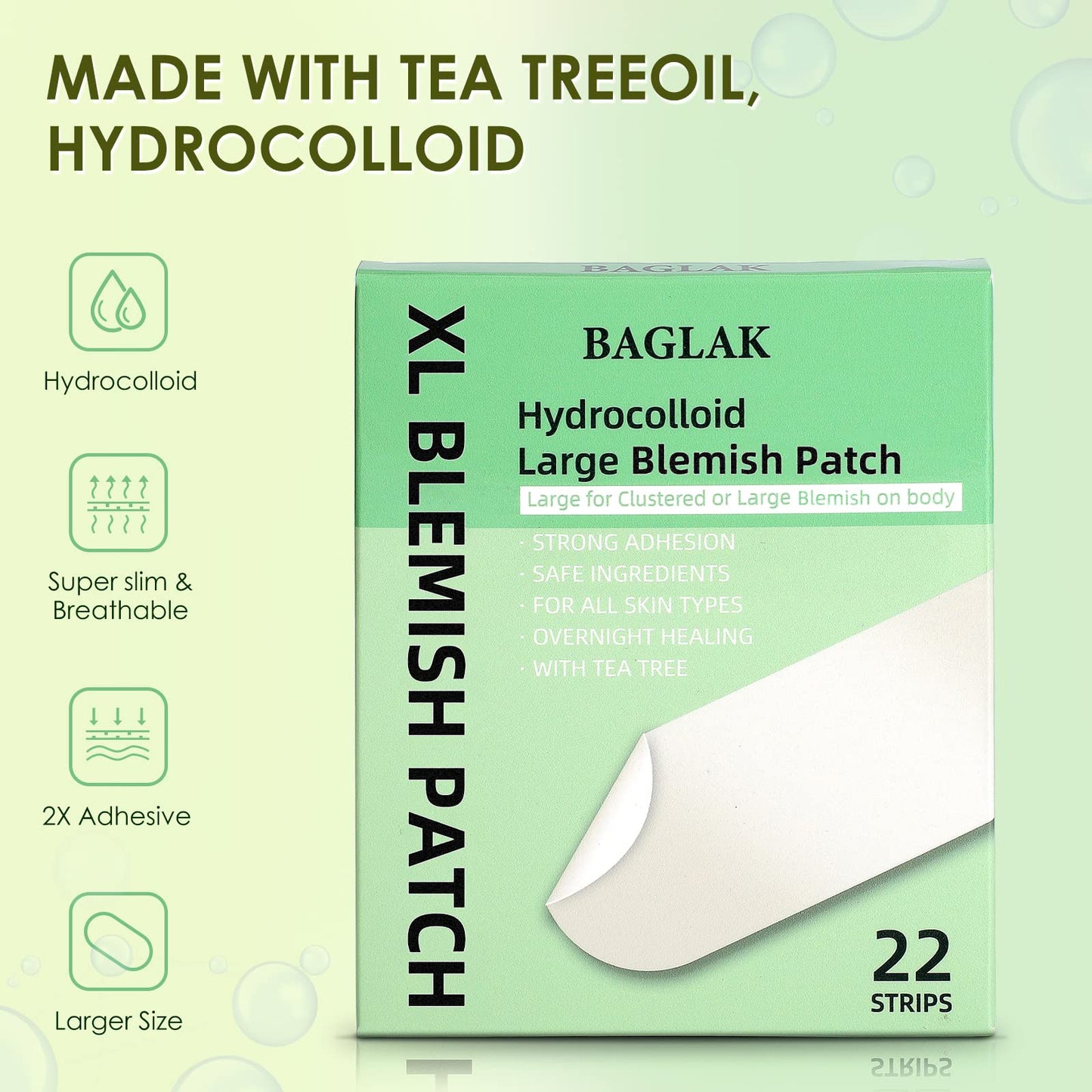 BAGLAK Large Blemish Patches - 22 Strips, Hydrocolloid Spot Dots, Blemish Patches - Large Zit Breakouts - Zit Sticker Facial Skin Care Pimple Patches for Face