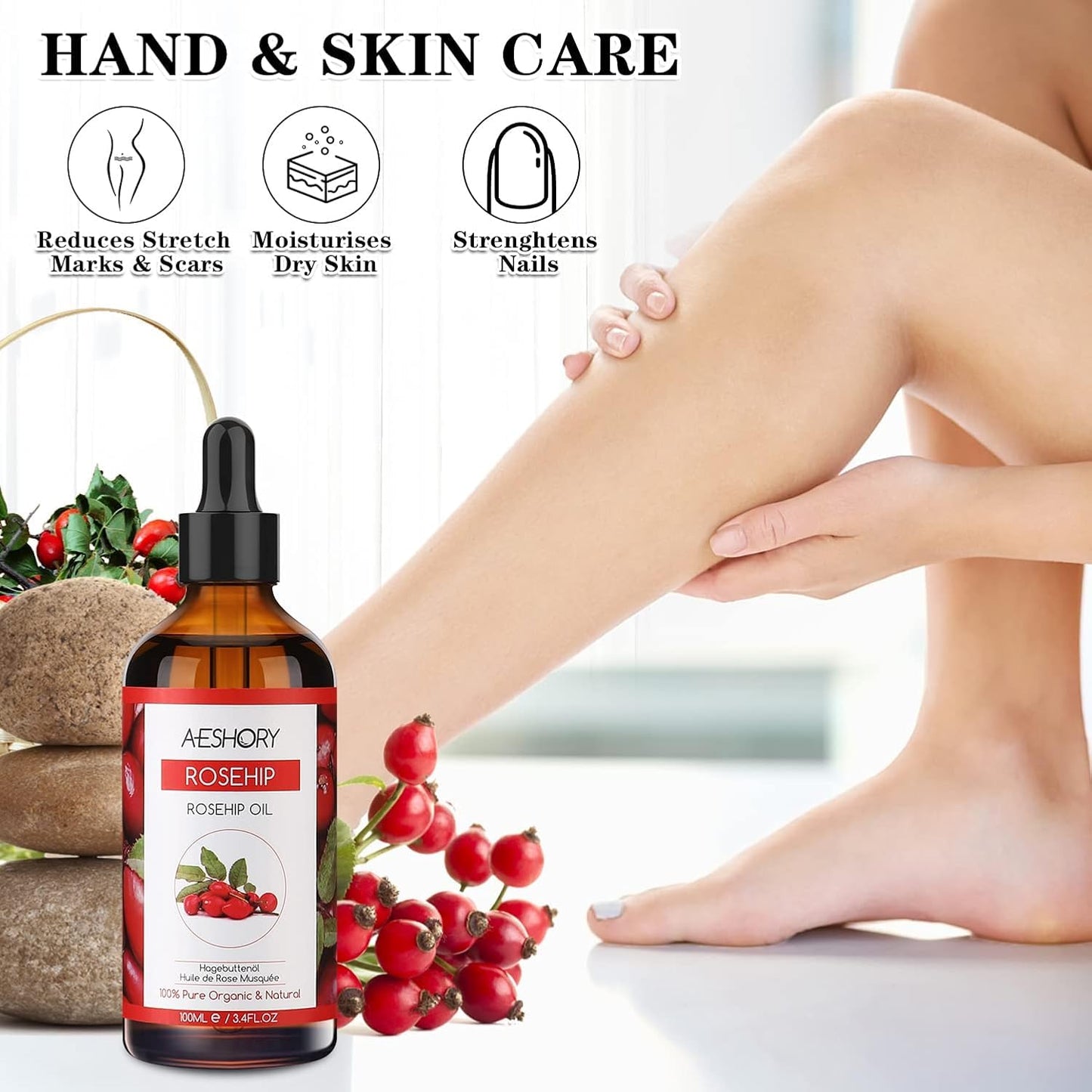 Aeshory Cold Pressed Rosehip Oil for Face 100ml, 100% Pure Natural Rosehip Seed Oil, Hydrating Nourishing & Moisturising for Skin, Hair, Nails, and Body