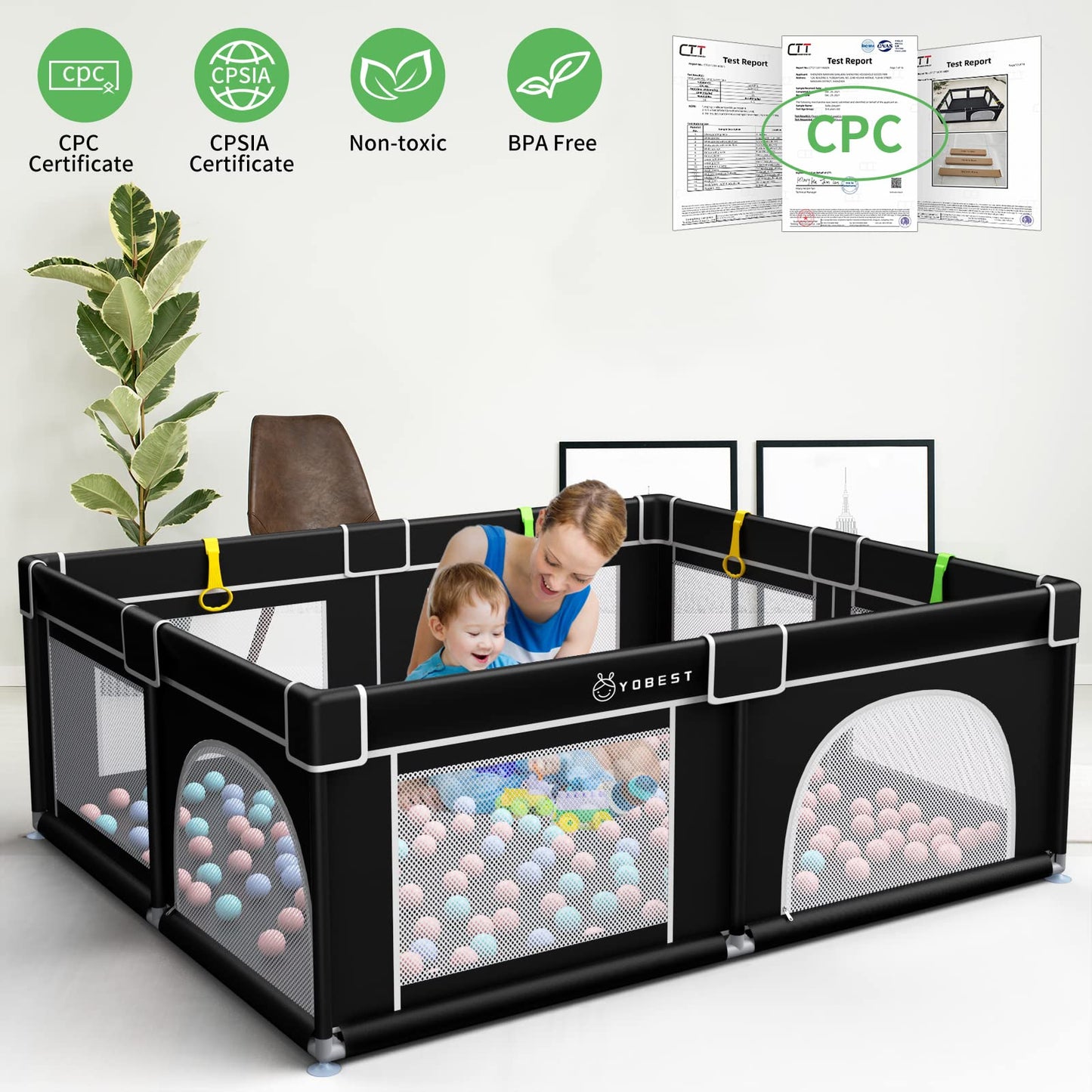 YOBEST Baby Playpen, Extra Large Playyard for Baby, Play Pens for Babies and Toddlers, Sturdy Safety Huge Baby Fence Play Area Center with Gate, Giant Play Yard for Kids, Twins, Child, Infants 150x180x68cm Black