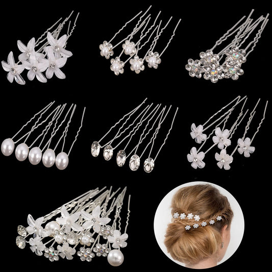 AUXSOUL 30Pcs Bridal Hair Pins, Crystal Pearl Hair Pins U Shaped Diamond Hair Pins, Wedding Rhinestone Hair Clip for Women Girl (6 styles)