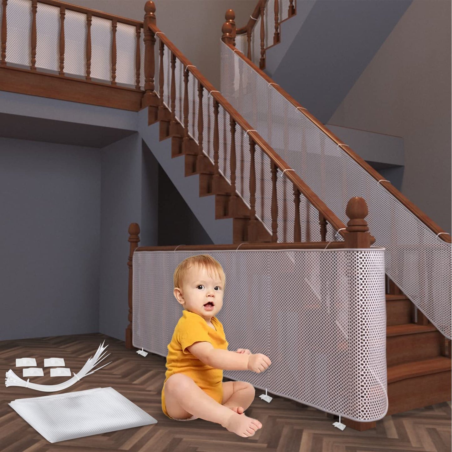 Yiomxhi, Baby Safety Net Mesh-White, 300x90cm, Tear-Resistant, High Transparency, Firmly Used on Indoor Stairs & Balconies, for Kids & Pets, Nylon, 1 Unit, Baby Age Range Blanc-300*90cm