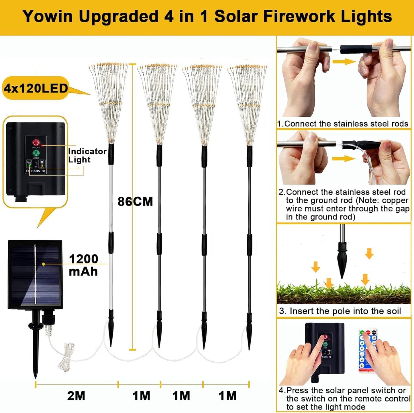 yowin Garden Lights Solar Powered 4x120 LED Firework Solar Lights Outdoor Garden with Remote, 8 Modes Starburst Solar Stake Lights Waterproof Dandelion Lights for Pathway Patio Balcony Decorations Warm White