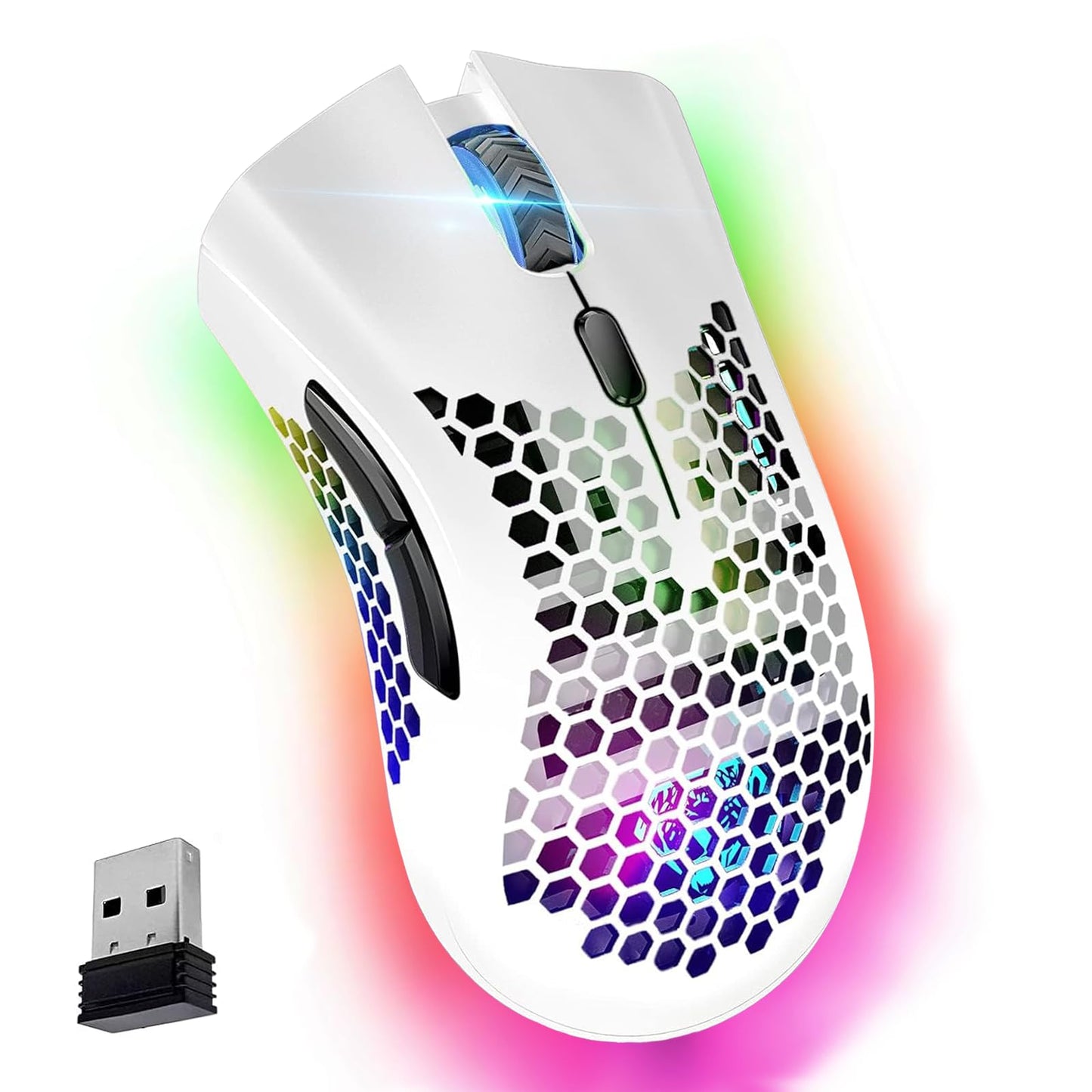 VEGCOO Gaming Mouse, Rechargeable Wireless Mouse with Honeycomb Wireless Gaming Mouse with RGB Light/Silent Click/Adjustable DPI, Optical Computer Mouse for Laptop PC Computer C23WT-UK