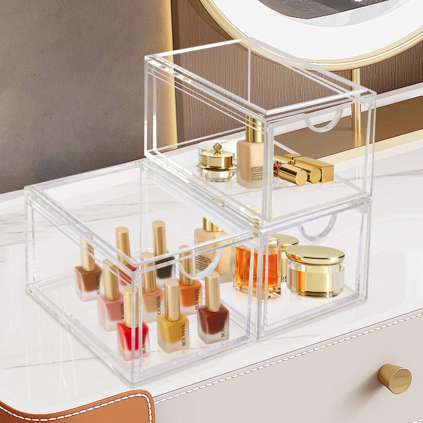 AMEITECH Stackable Cosmetic Organizer Drawers, Acrylic Clear Makeup Organiser, Vanity Container Drawer for Cosmetics, Skin Care, Hair Accessories, Bathroom Counter or Dresser - Pack of 2