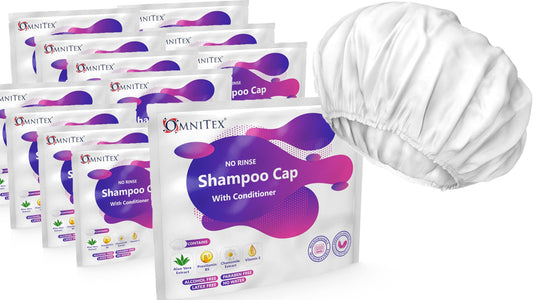 12pk Omnitex Premium Rinse Free Shampoo Cap - Microwaveable | with Conditioner & Vitamins | Nourish & Protect with Herbal Extracts & Barrier Cream | No Water, No Parabens, Latex Free, Alcohol Free 1 count (Pack of 12)