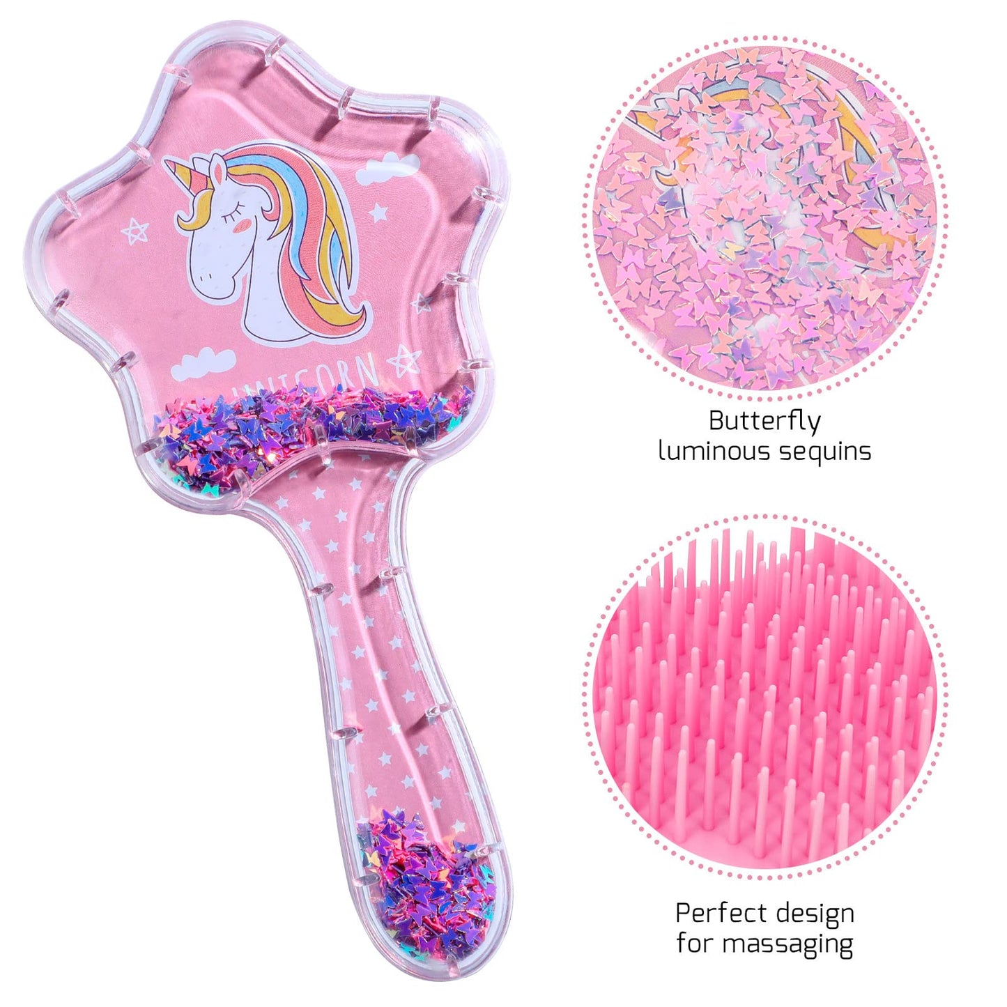 2 Pack Girls Hair Brush Set, Toddler Hair Brush, Cartoon Unicorn Sequin Airbag Comb, Tangle Tamer Hair Brush Set Suitable for Curly Straight Long and Short Hair of Children and Girls (Pink, Purple) Pink, Purple