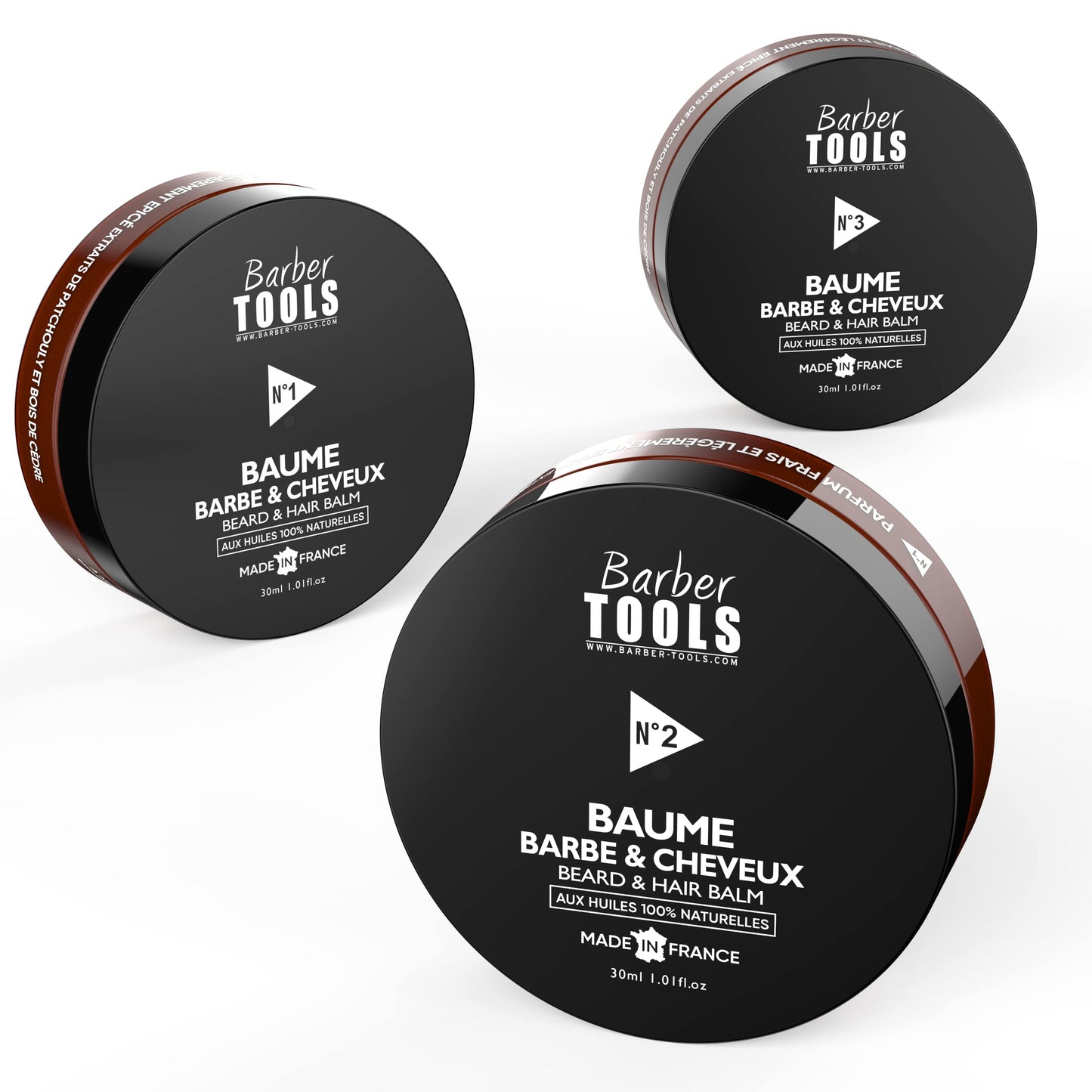 BARBER TOOLS Beard Balm Set N°1/2/3, 3x30 ml with 100% Natural Oils - Made in France - Nourishes, Hydrates, Textures