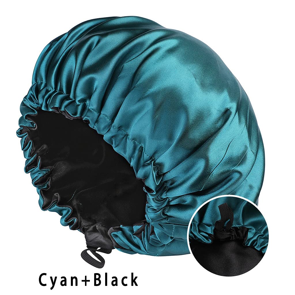 2 Pcs Satin Sleep Cap for Women Long Hair Silk Bonnet for Curly Hair Waterproof Satin Hair Cap for Sleeping Extra Large Double Layer Adjustable Satin Bonnet for Women Blue+green