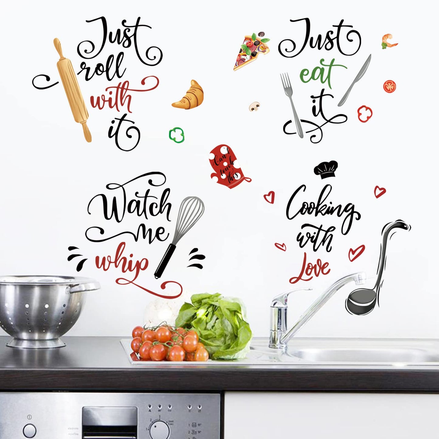 wondever Kitchen Food Wall Stickers Kitchenware Lettering Peel and Stick Wall Art Decals for Cupboard Dining Baking Room Restaurant