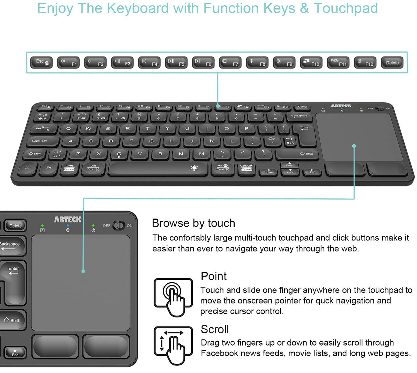 Arteck Universal Backlit 7-Colors Bluetooth Touch TV Keyboard with Easy Media Control and Build-in Touchpad for TV-Connected Computer, Smart TV, Desktop, Laptop, iPad, Surface, Tablet, HTPC