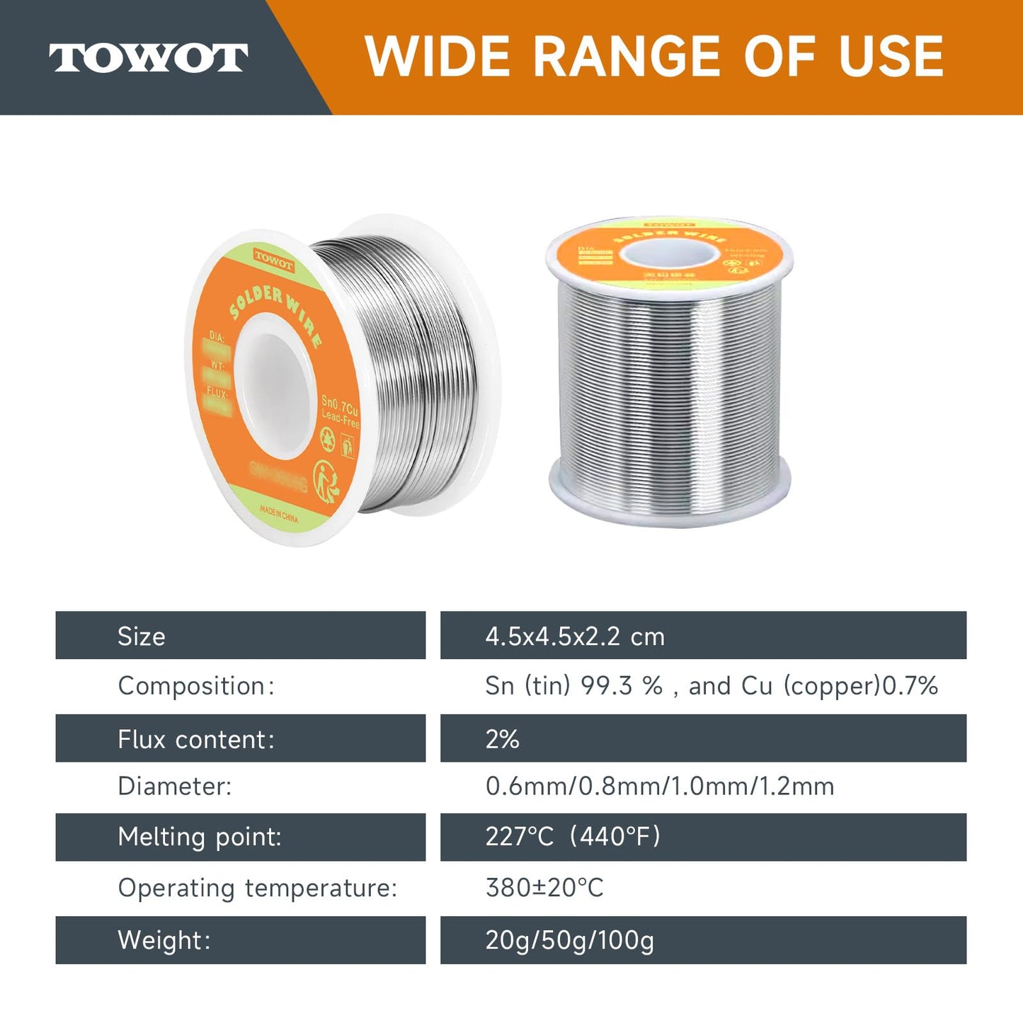 TOWOT Lead Free Rosin Core Solder Wire for Electrical Soldering, Content 2.0% Solder Flux Sn0.7Cu (0.8mm 50g) 0.8mm 50g