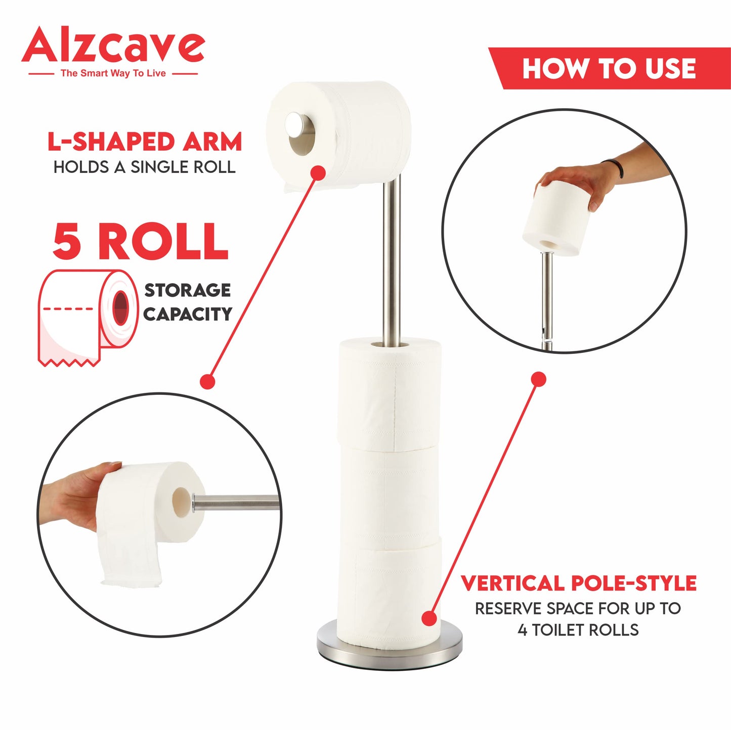 (Alzcave) 2 in 1 Graceful and Trendy - Toilet Roll Holder Free Standing - Stainless Steel Toilet Paper Holder - 5 Toilet Roll Storage Dispenser - Toilet Paper Stand Heavy Base